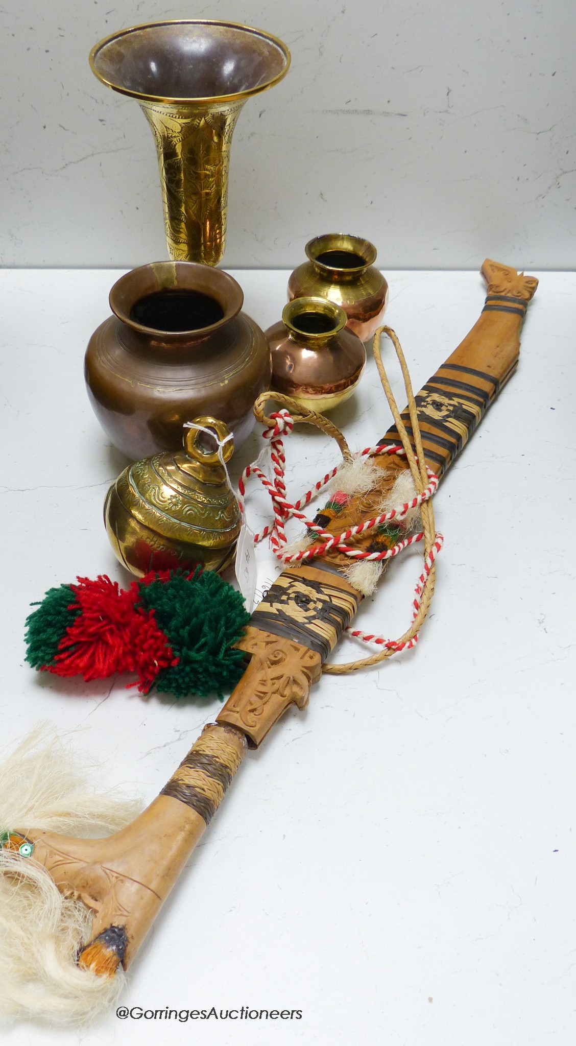 A dagger, various copper and brass wares